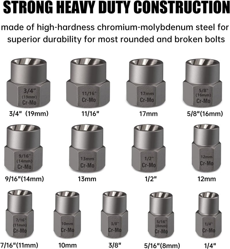 VALKYNOS Bolt Extractor Kit 14 Pcs, Stripped Bolt Extractor Set, Impact Bolt Nut Removal Tool, Easy Out Remove Rusted, Frozen, Damaged, Rounded-Off Bolt Nut Screw, with Hex Drive, Cr-Mo Steel - Image 2